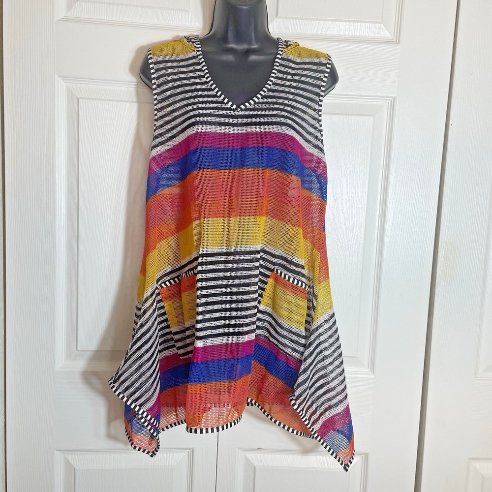 Nouveau Monde Rainbow Striped Swim Cover Up Women S‎ Coral Multi Pockets Hooded